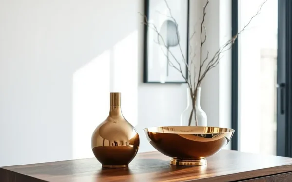 Styling artisan metal home decor with brass and copper accents on a modern walnut console table in a sunlit room.