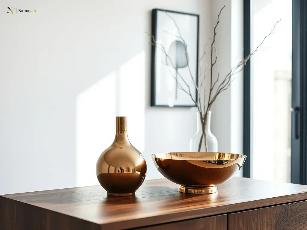 Styling artisan metal home decor with brass and copper accents on a modern walnut console table in a sunlit room.