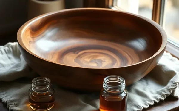A close-up of artisan wooden serveware being polished with natural oil on a rustic linen surface, emphasizing proper care and maintenance.