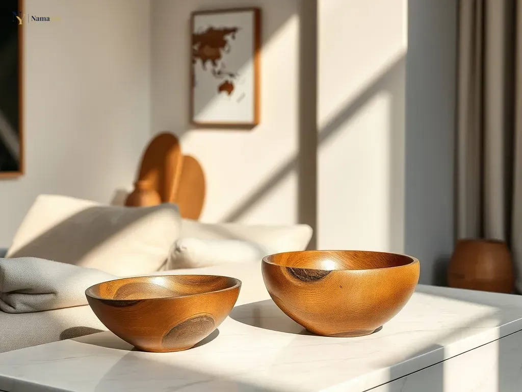 Styling artisan wooden decor in a sophisticated living room with natural light and minimalist luxury furniture.
