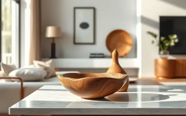 Styling artisanal wooden home accents on a marble table in a modern living room.