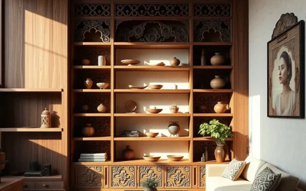 Modern living room featuring traditional Indian hand-carved wooden shelving with artisanal decor under natural sunlight.