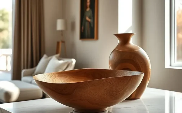 Styling artisanal wooden home decor on a marble console table in a sunlit, elegant living room.