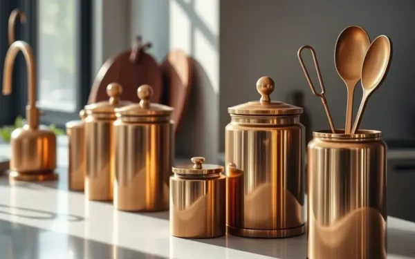 Elegant brass kitchen organization featuring handcrafted canisters and utensil holders on a clean countertop.