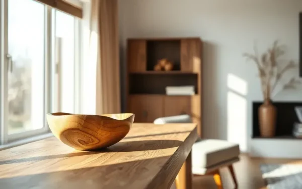 A beautifully styled artisan wooden bowl on a rustic console table, showcasing elegant home decor.