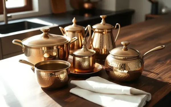A selection of handcrafted Indian brass and copper kitchenware displayed on a modern wooden kitchen island, highlighting artisanal craftsmanship.