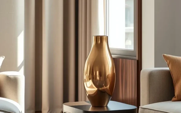 A elegant polished brass vase on a wooden table, representing the theme of styling brass home accents.