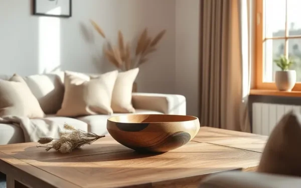 A beautifully styled living room featuring handcrafted wooden home decor on a rustic table with natural sunlight.