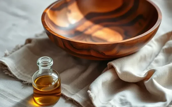 A close-up of a handcrafted wooden serving bowl on linen, highlighting artisan wooden serveware care and maintenance.