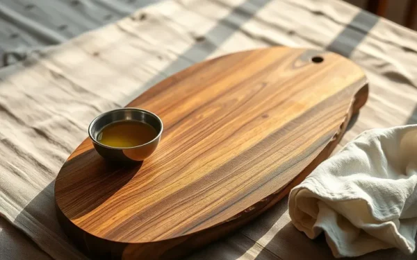 A close-up of artisan wooden serveware being maintained with food-grade oil on a rustic linen surface, highlighting the natural wood grain and quality craftsmanship.