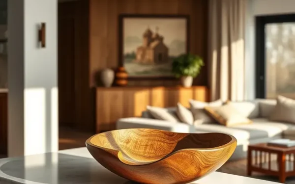 Styling artisan wooden decor on a marble console table in a sophisticated, modern living room.