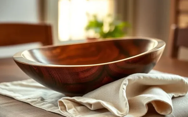A close-up of a handcrafted wooden bowl on a linen cloth, representing artisan wooden serveware care and maintenance.