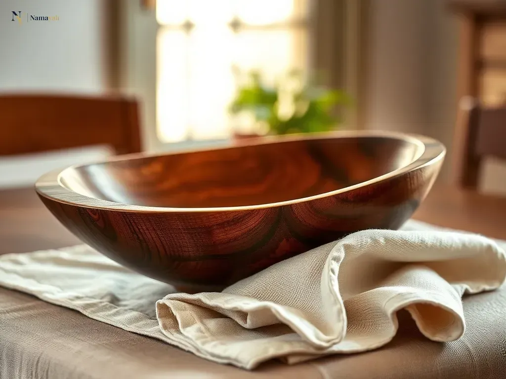 A close-up of a handcrafted wooden bowl on a linen cloth, representing artisan wooden serveware care and maintenance.