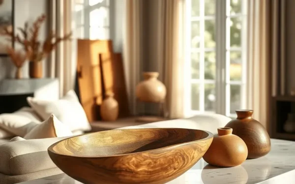 A sophisticated living room featuring handcrafted artisan wooden decor on a marble console table in natural light.