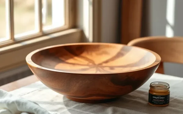 A close-up shot of artisan wooden serveware being maintained with natural wax on a rustic table.