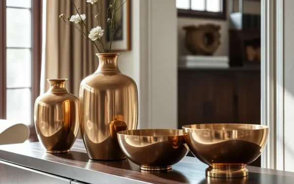 A stylish room interior featuring handcrafted brass and copper home decor accents on a wooden sideboard.