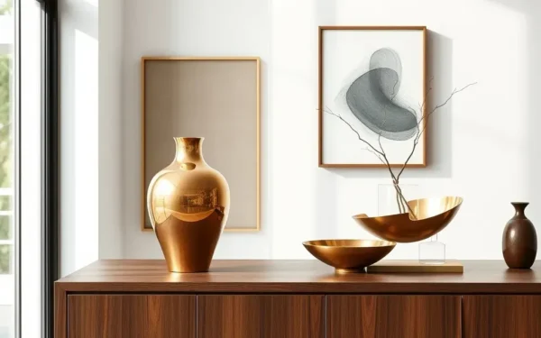 Styling brass home accents on a modern wooden sideboard in a sunlit, elegant living room interior.