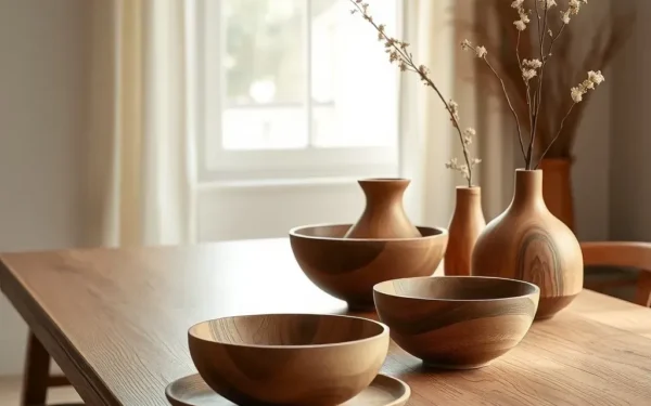 A beautifully styled wooden table featuring handcrafted artisan wooden decor in a bright, modern living space.