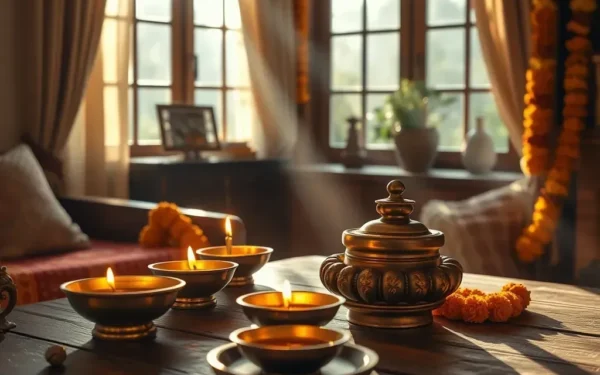 Elegant Indian festive decor featuring brass diyas and marigold flowers in a luxury home setting.