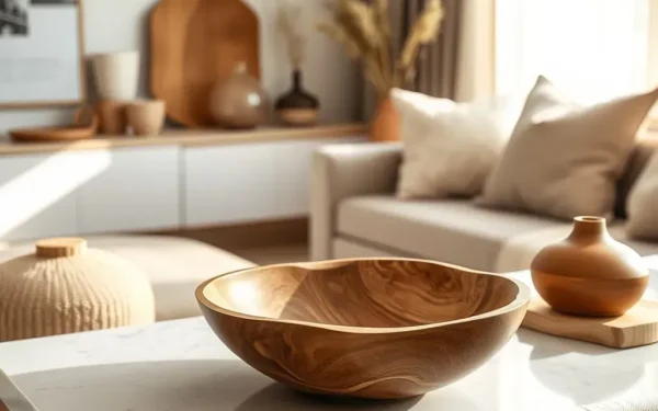 A close-up of a hand-carved wooden bowl on a marble console table, showcasing artisanal wooden decor in a sophisticated home setting.