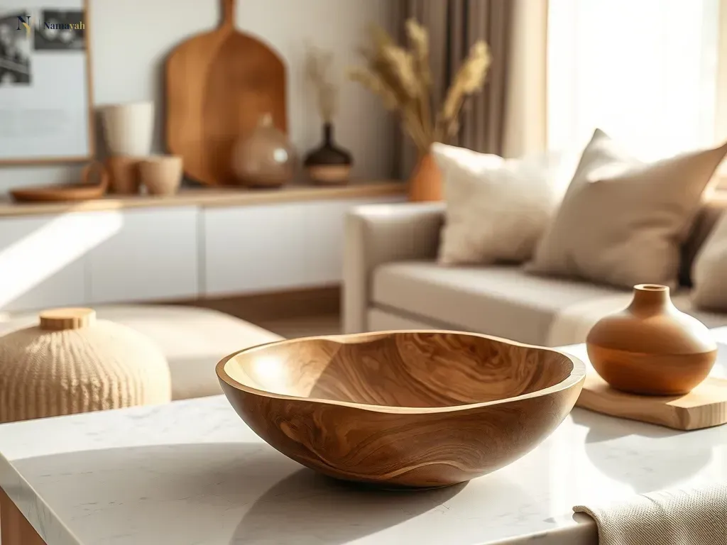 A close-up of a hand-carved wooden bowl on a marble console table, showcasing artisanal wooden decor in a sophisticated home setting.