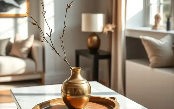 Sophisticated living space interior featuring handcrafted brass and wooden artisanal home decor on a marble console table.