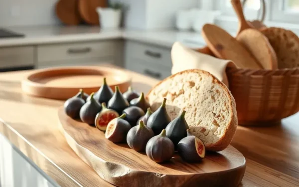 Handcrafted wooden serveware displayed on a modern kitchen island with fresh food.