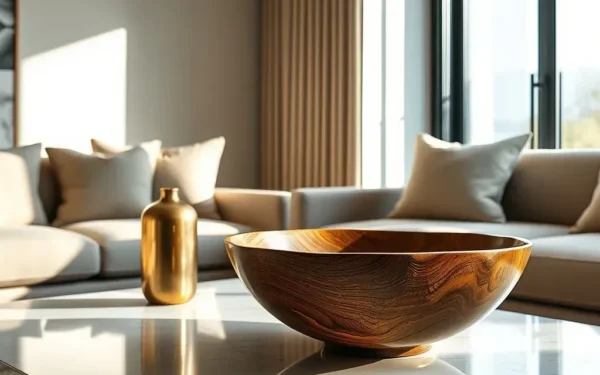 A beautifully styled modern living room featuring handcrafted wooden and brass artisanal decor on a marble table.