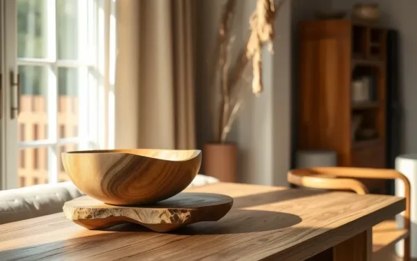 A beautifully styled living room featuring artisan wooden home decor pieces on a rustic console table with warm natural lighting.
