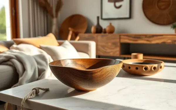 Styling artisan wooden home decor in a sunlit luxury living room