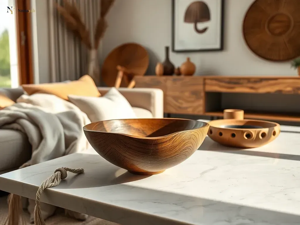 Styling artisan wooden home decor in a sunlit luxury living room