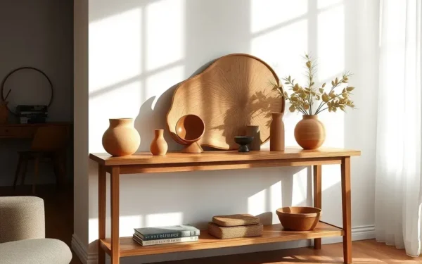 A beautifully styled wooden console table featuring handcrafted artisan wooden decor in a modern, sophisticated home interior.