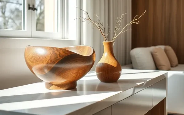 Styling artisanal wooden home decor on a modern marble console table in a sunlit, elegant living room.
