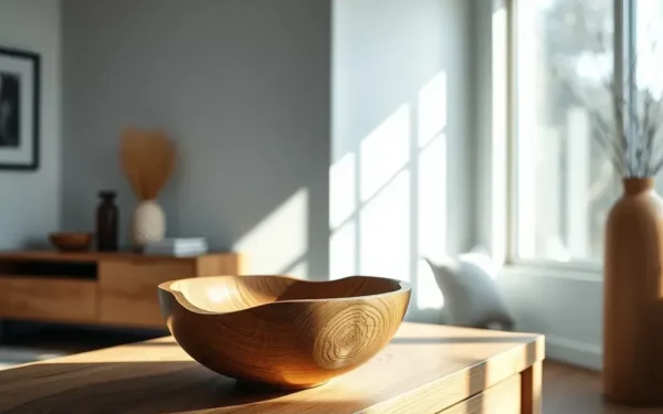 Close-up of artisanal wooden home decor styled on an oak console table in a bright, modern living room.