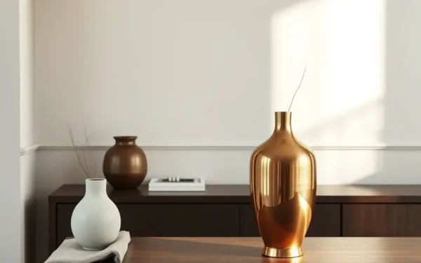 Styling brass home accessories on a walnut console table in a bright, modern living room.