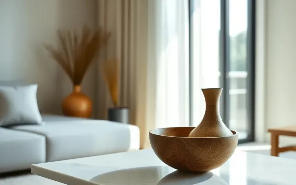 Styling artisan wooden decor in a modern home interior with natural light and minimalist design.