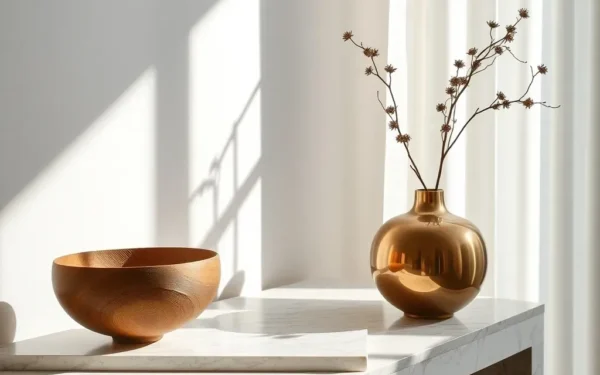 A curated selection of artisan home decor including a wooden bowl and brass vase on a marble console table.
