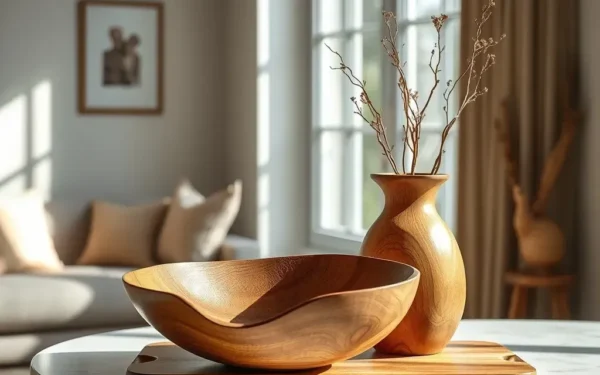A beautifully styled wooden bowl and vase on a console table, showcasing elegant home decor.