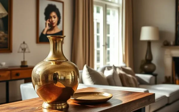 A curated selection of artisanal home decor including a handcrafted brass vase on a wooden console table.