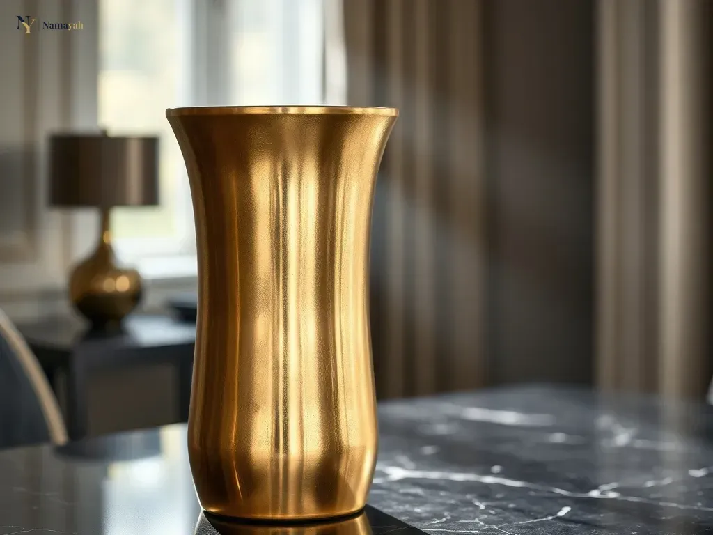 A handcrafted brass vase on a marble table, representing authentic home decor.