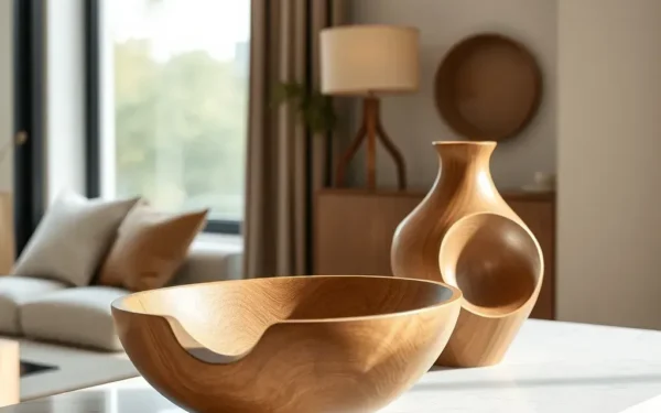 Elegant living room interior featuring artisanal wooden home decor pieces on a marble console table in natural light.