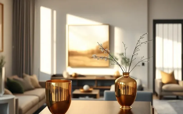A close-up interior view of luxury brass decor, including a polished brass vase on an oak console table in a modern living room.