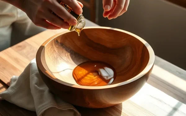Close-up of hands applying oil to an artisan wooden serving bowl to maintain its finish.