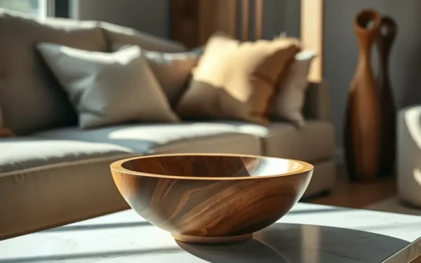 Styling artisan wooden decor on a marble table in a luxury home interior.