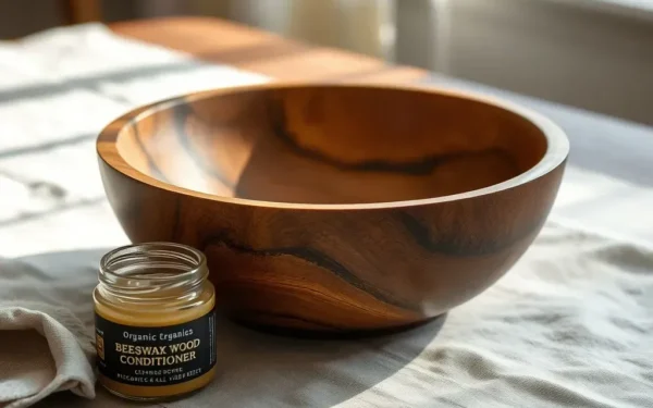Close-up of artisan wooden serveware being maintained with natural wax on a rustic linen table.