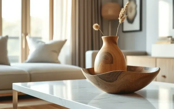Styling artisanal wooden home accessories on a modern marble coffee table in a sunlit living room.