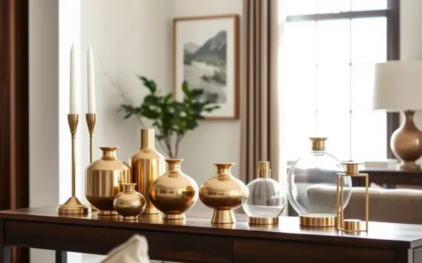 Elegant brass home decor accents styled on a wooden console table in a luxury living room.