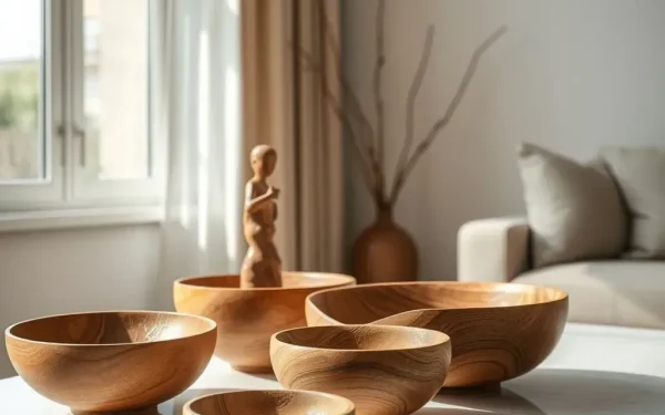 A beautifully styled wooden home decor piece on a marble table in a sunlit, modern living room.