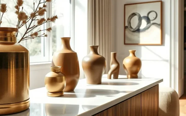Styling artisanal home decor with handcrafted brass and wooden accents in a modern luxury living room.