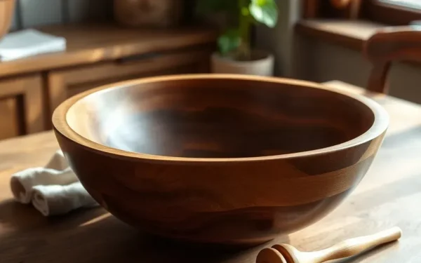 Close-up of artisan wooden serveware being carefully maintained on a rustic table with natural light.